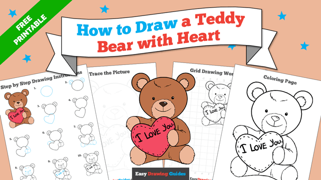 Free printable page - how to draw valentine bear