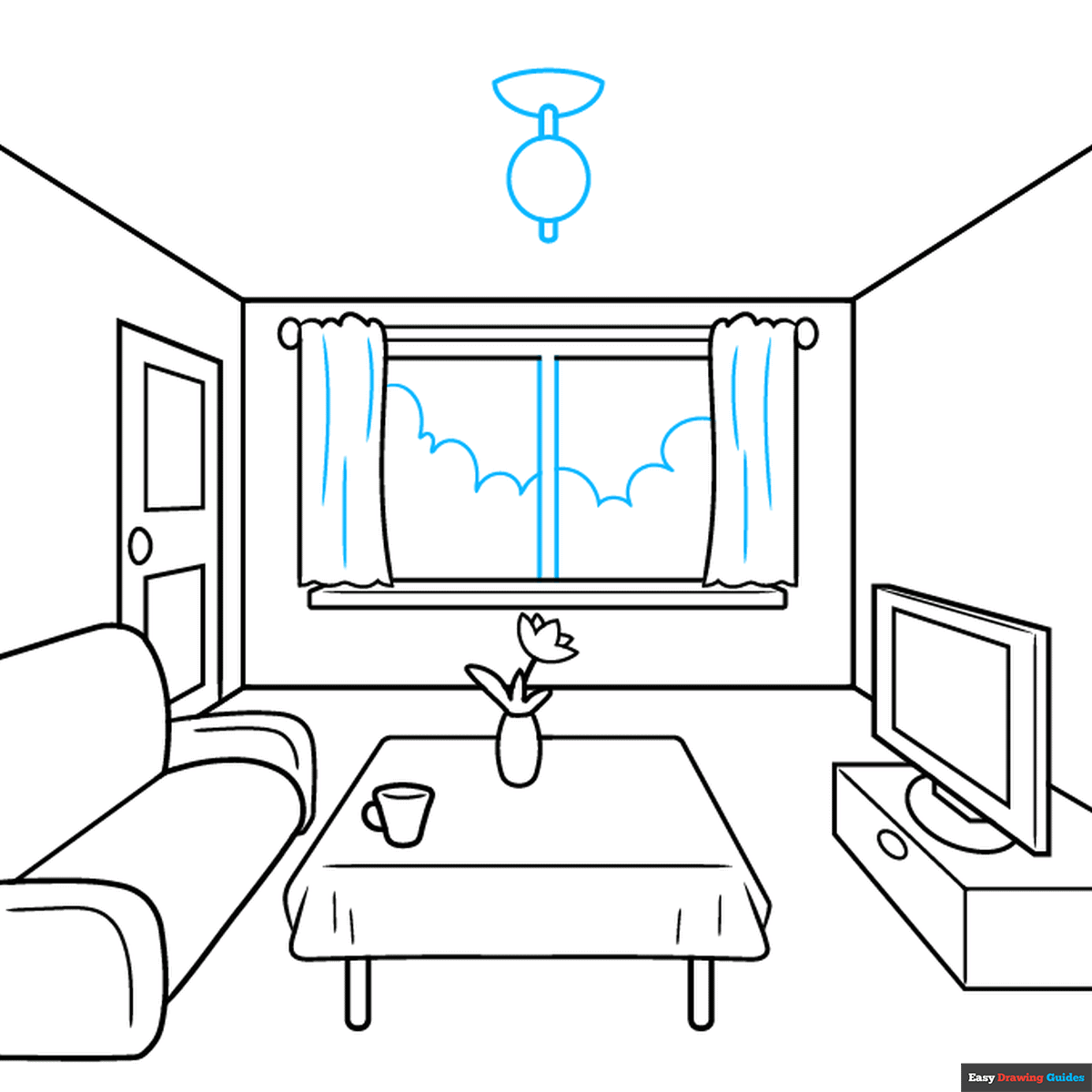 Easy Room in One-Point Perspective step-by-step drawing tutorial: step 8
