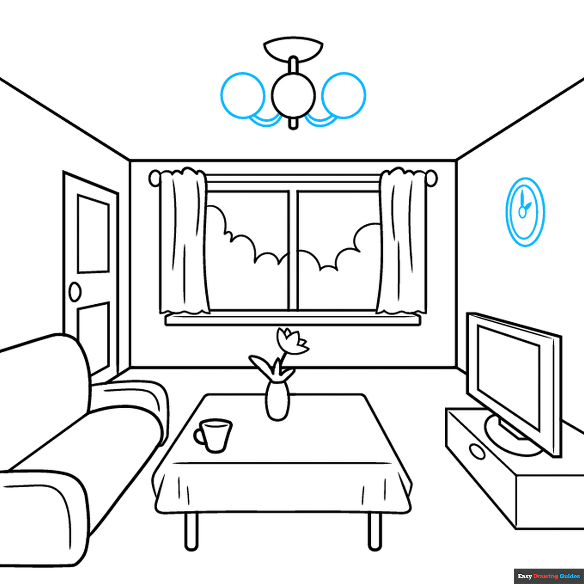 Easy Room in One-Point Perspective step-by-step drawing tutorial: step 9
